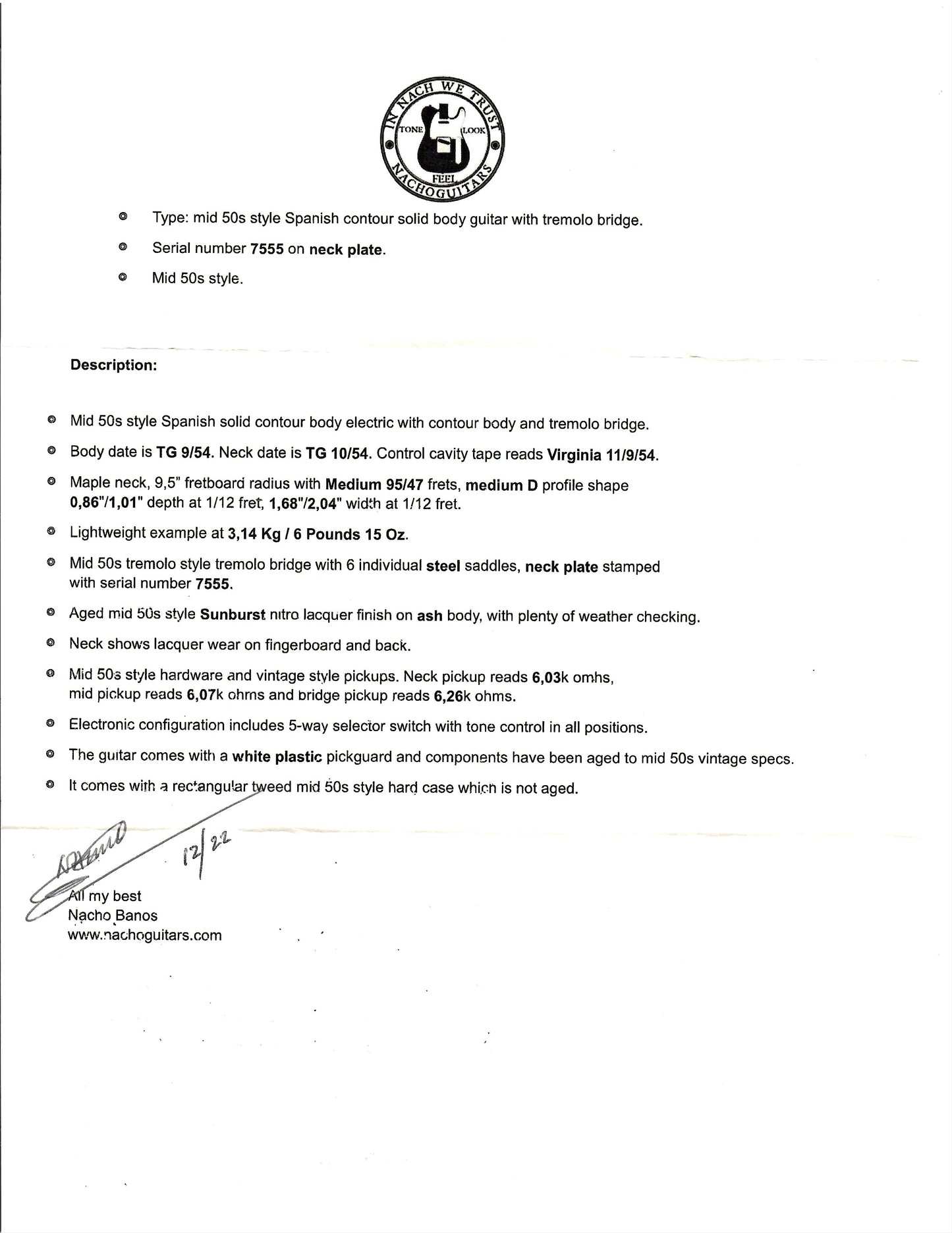 2022 Nacho Contour Body Sunburst #7555