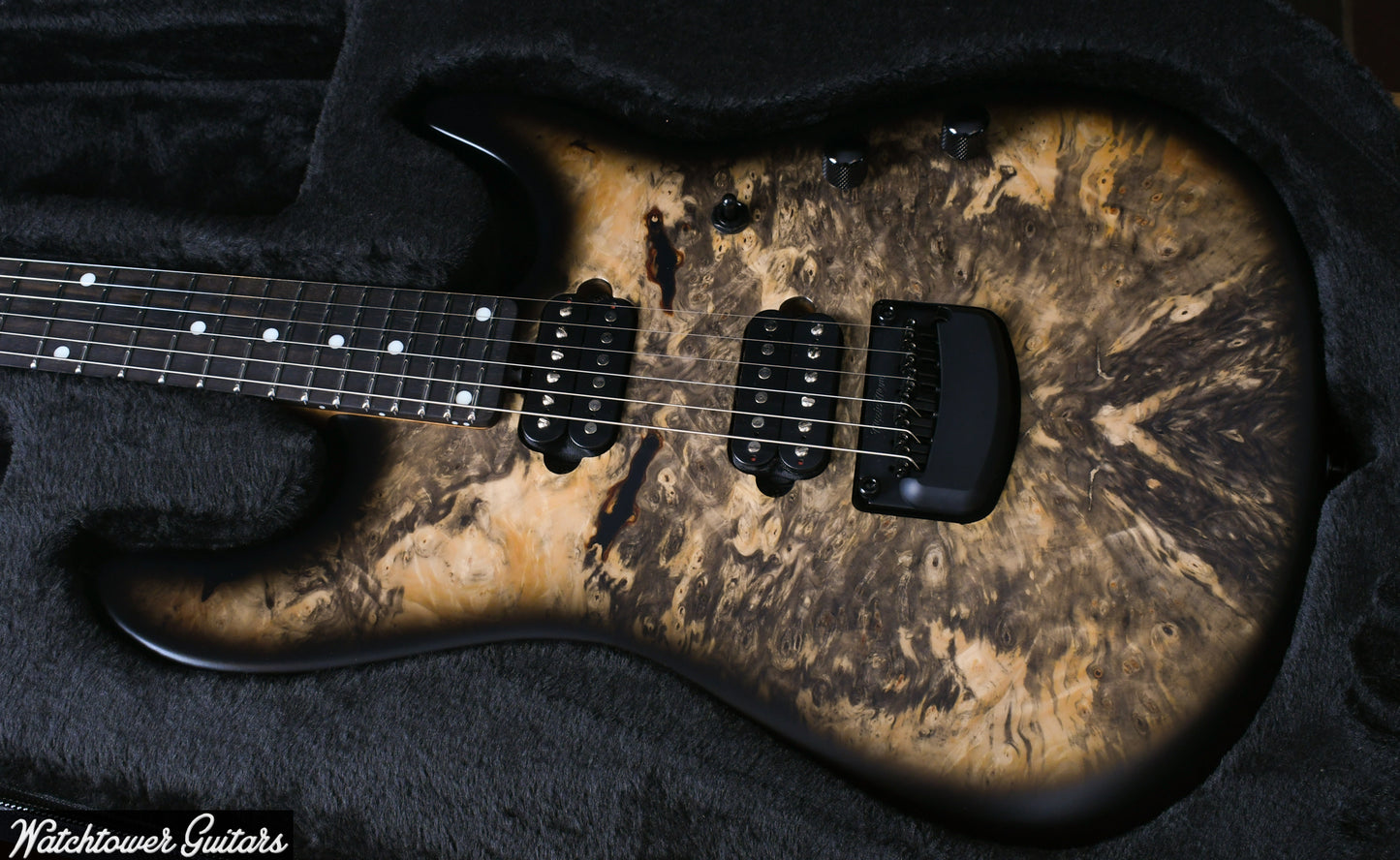 Ernie Ball Music Man Jason Richardson Cutlass Natural Buckeye Burl, Black Burst