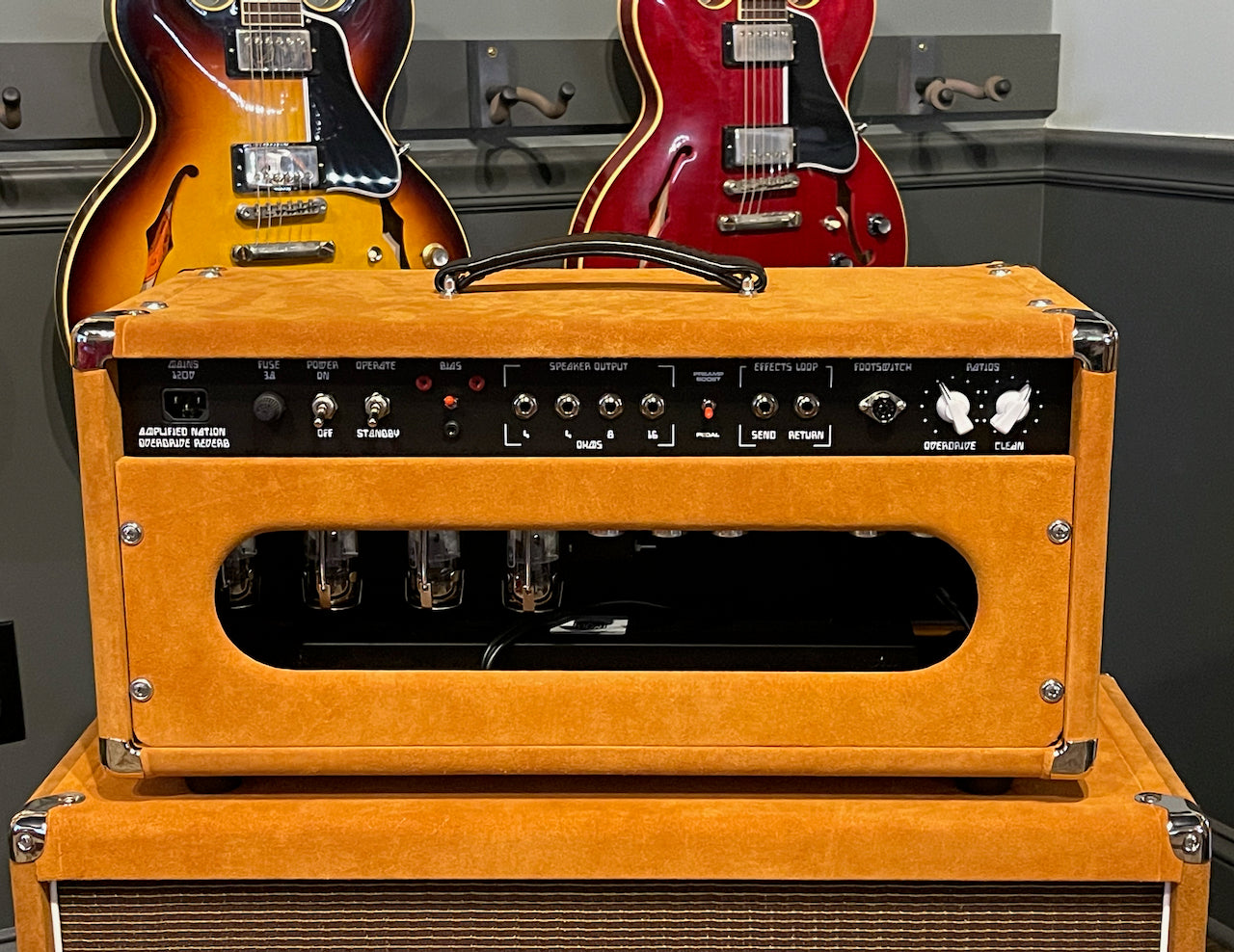 Amplified Nation Overdrive Reverb 100/50 Watt Head & 2x12 Cabinet Golden Brown Suede/Oxblood Grill