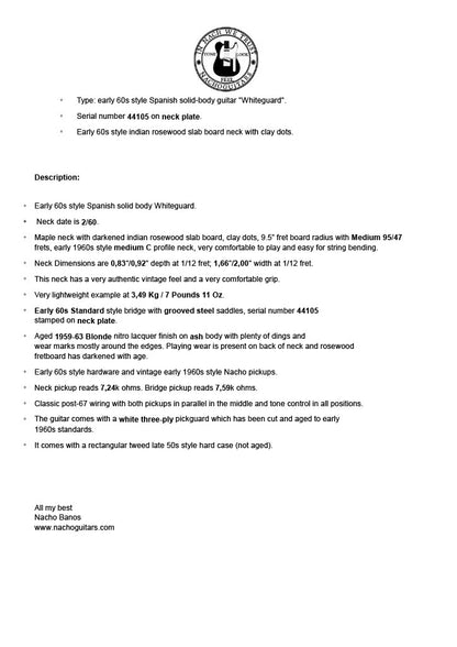 NEW 2025 Nacho Whiteguard Blonde Telecaster #44105