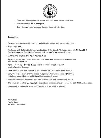 NEW Nacho Contour body 1960s style Blonde w/Tortoise guard #44209