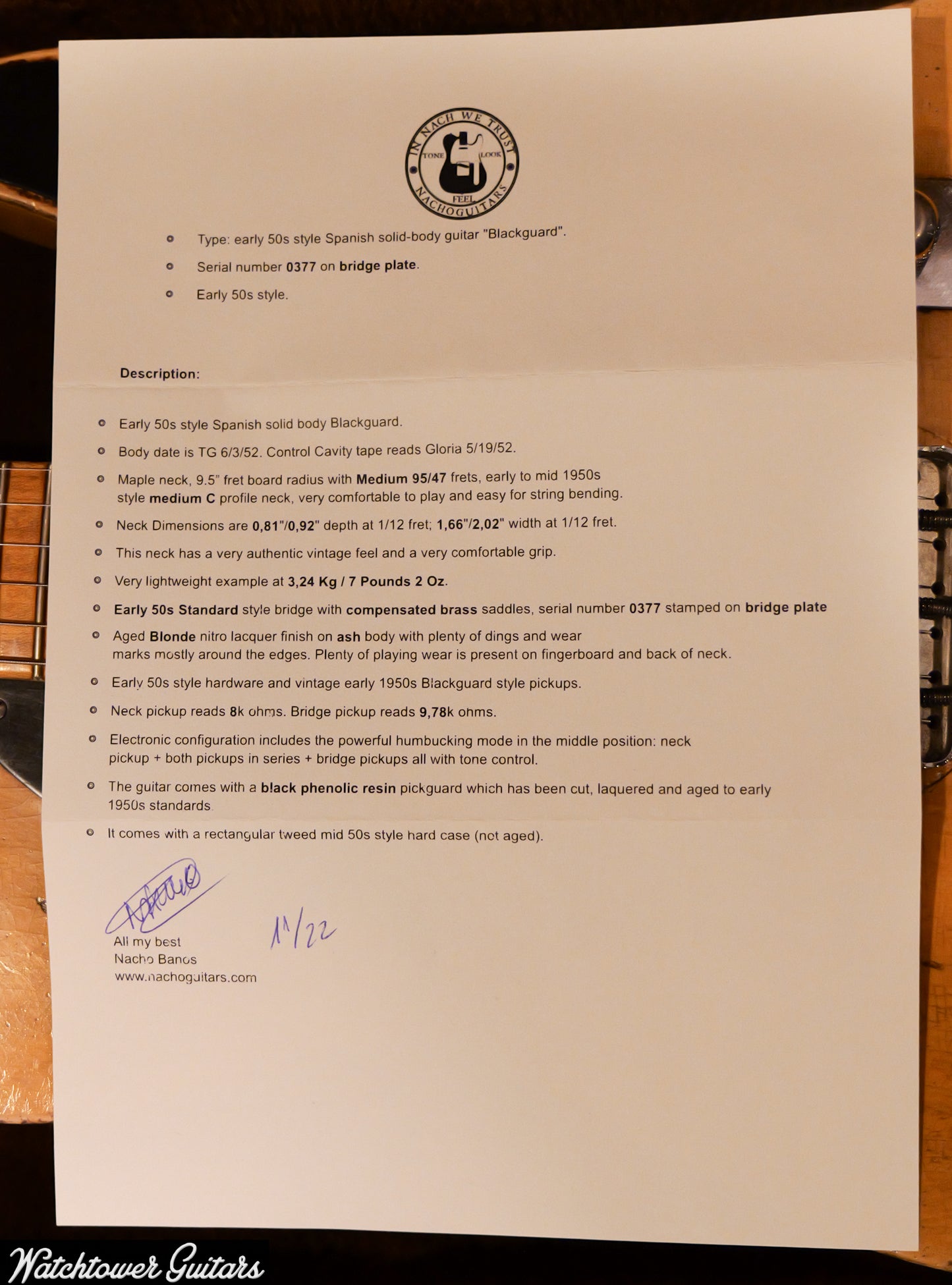 2022 Nacho T Blackguard Butterscotch Serial #0377