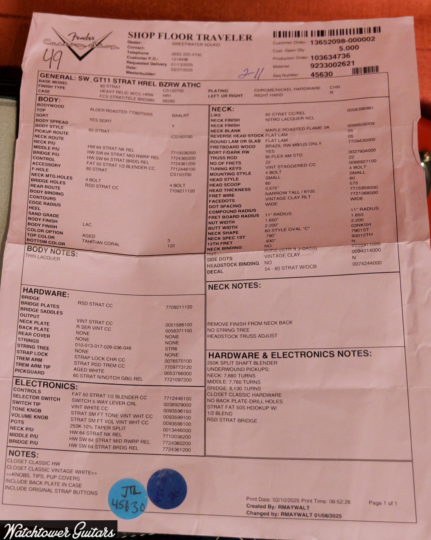 2025 Fender Custom Shop '60 Stratocaster GT11 Heavy Relic Aged Tahitian Coral Brazilian Board