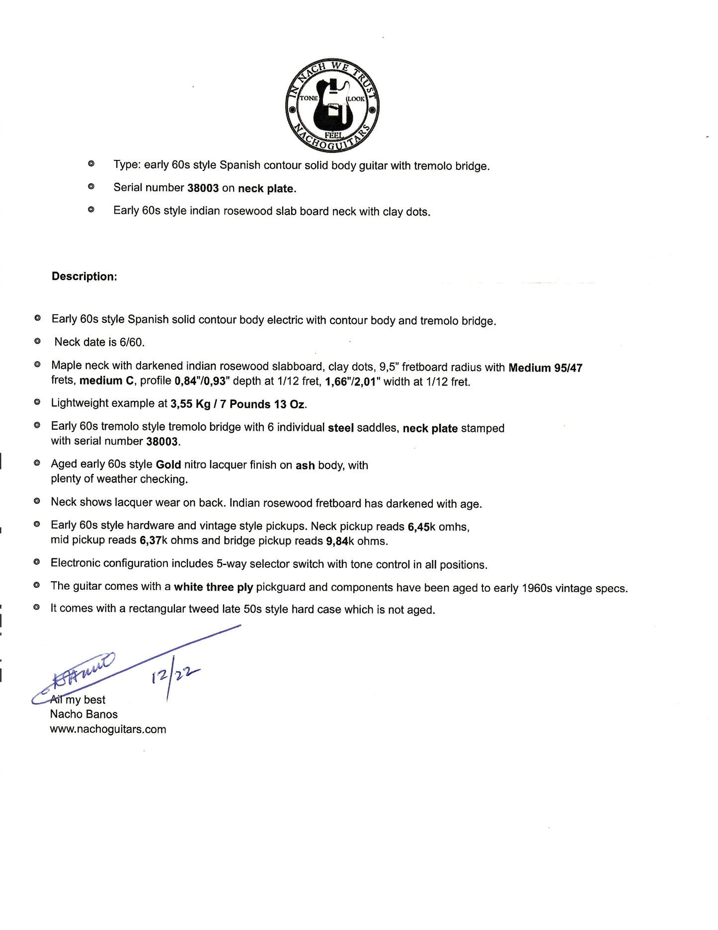 2022 Nacho Contour Body #38003 *Custom Color* Aged Gold