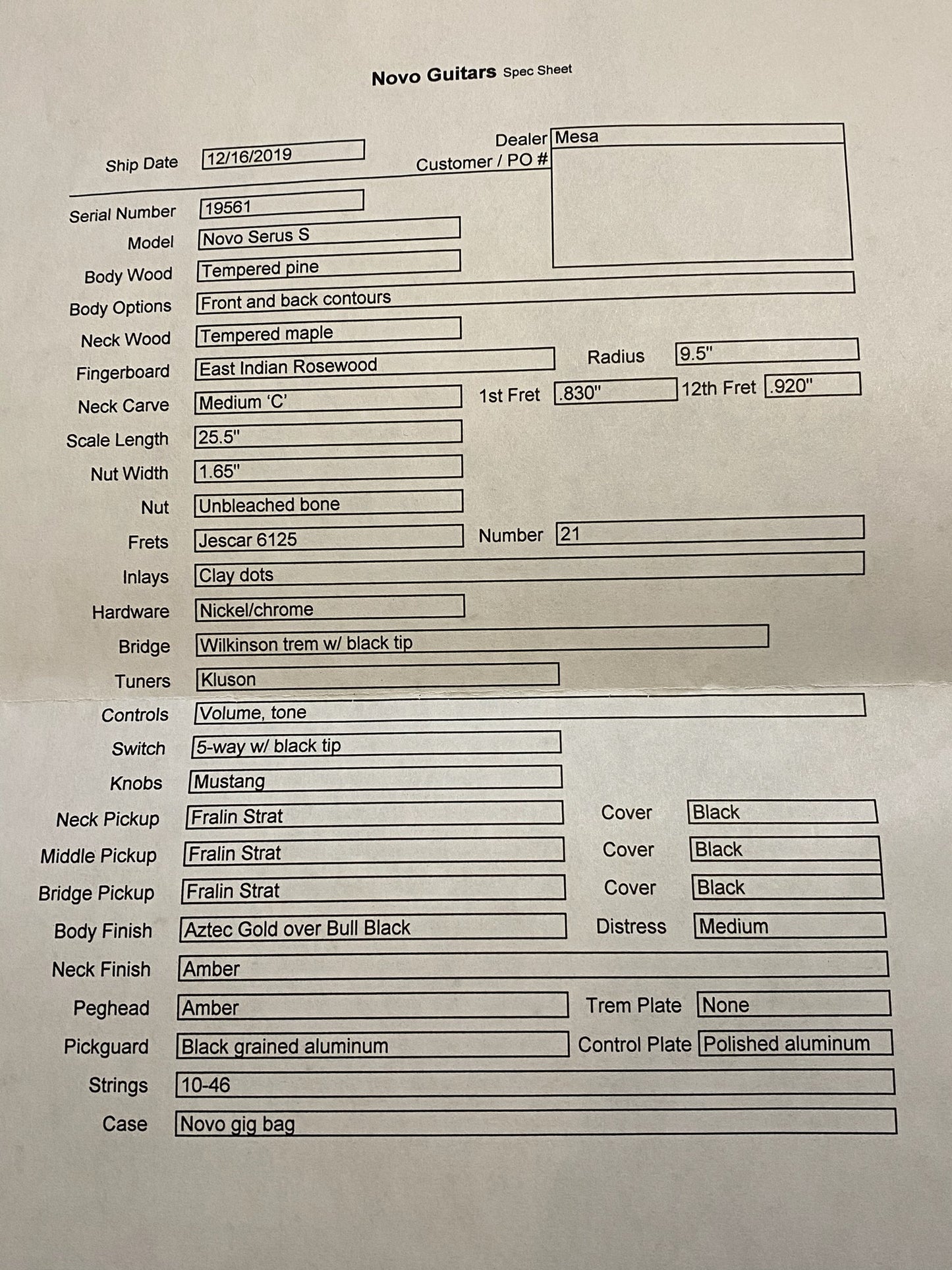 Novo Guitars Serus S Fralins Aztec Gold Over Bull Black