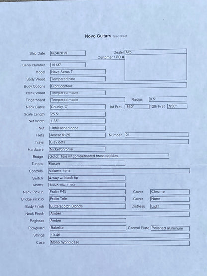 Novo Guitars Serus T Butterscotch Blonde maple neck, Fralins