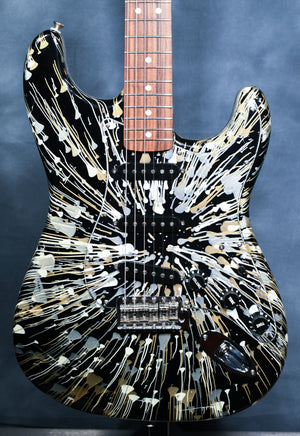 2002 Fender FSR Stratocaster Splattercaster Olympic White, Aztec Gold, and Inca Silver Swirl over Black