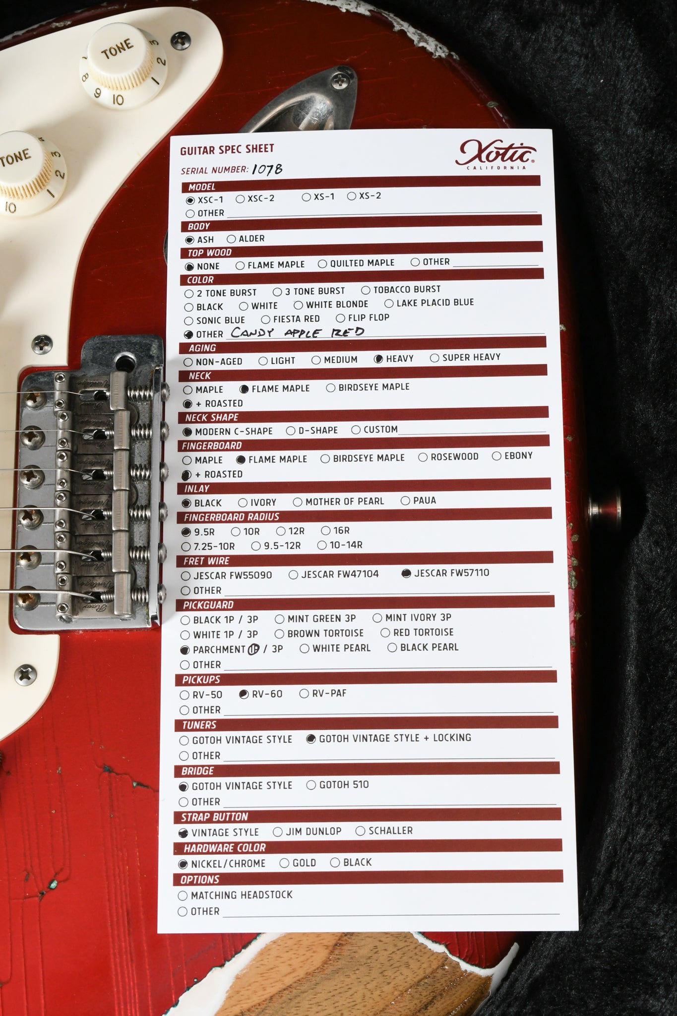 2019 Xotic XSC-1 Heavy Aged Candy Apple Red & Mastergrade Roasted Maple Neck
