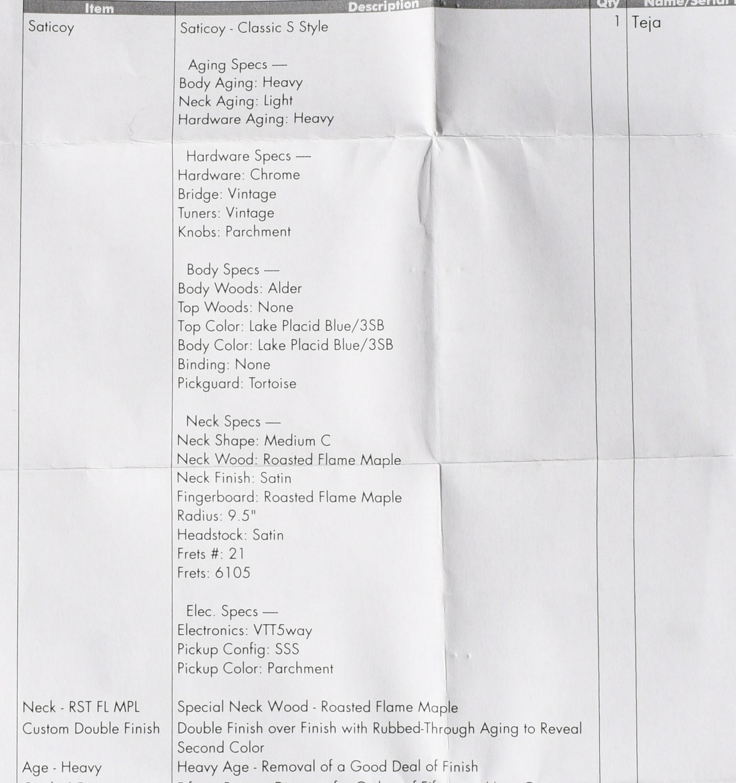 LSL Instruments Saticoy Classic S Lake Placid Blue/3 Tone SB Heavy Aged "Teja"